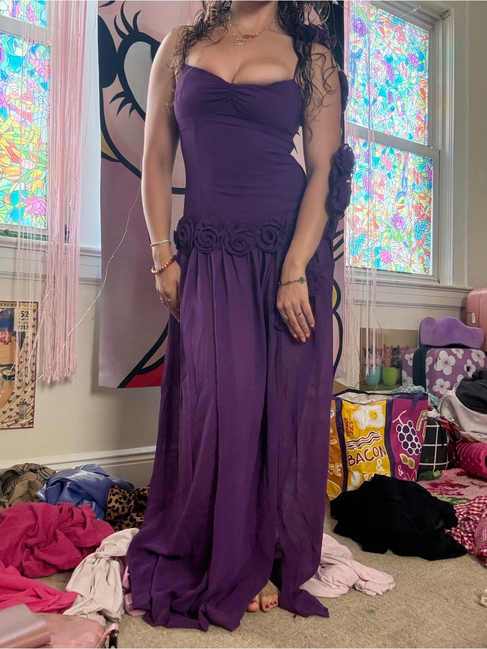 Brand new Strapless Purple Rosette Waist Maxi Dress
